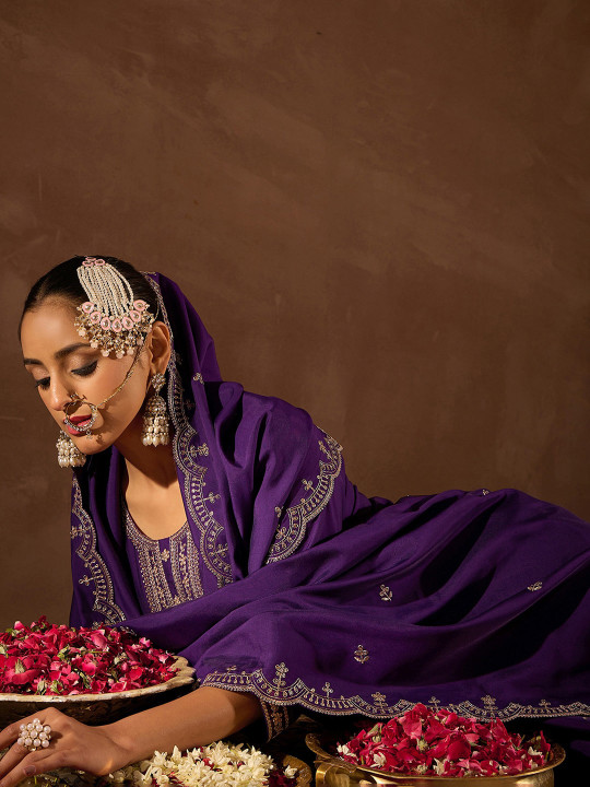 Purple Embroidered Straight Kurta Trouser & Dupatta Set