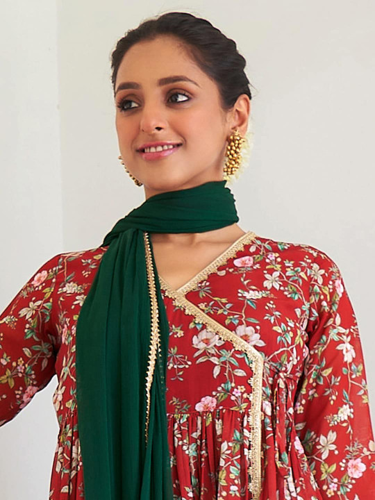 Red Floral Printed Kurta Sharara & Dupatta Set