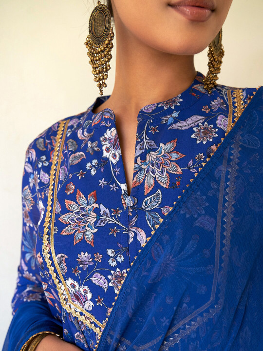 Blue Floral Printed Kurta Palazzo & Dupatta Set