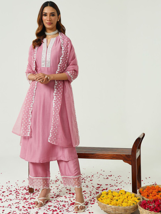 Pink Embroidered Kurta Pant & Dupatta Set