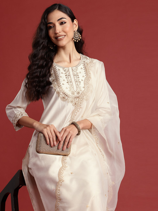 Ivory Embroidered Kurta Set with Dupatta