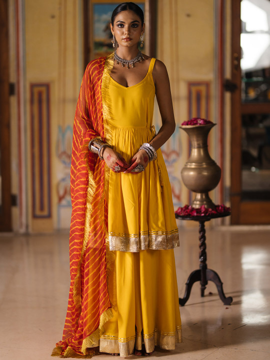Floral Printed Kurta Sharara Set with Dupatta