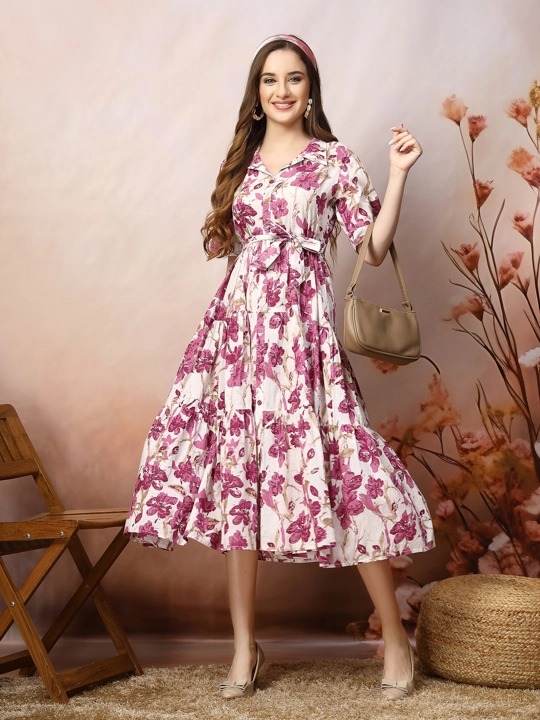 Floral Printed Cotton Flared Dress